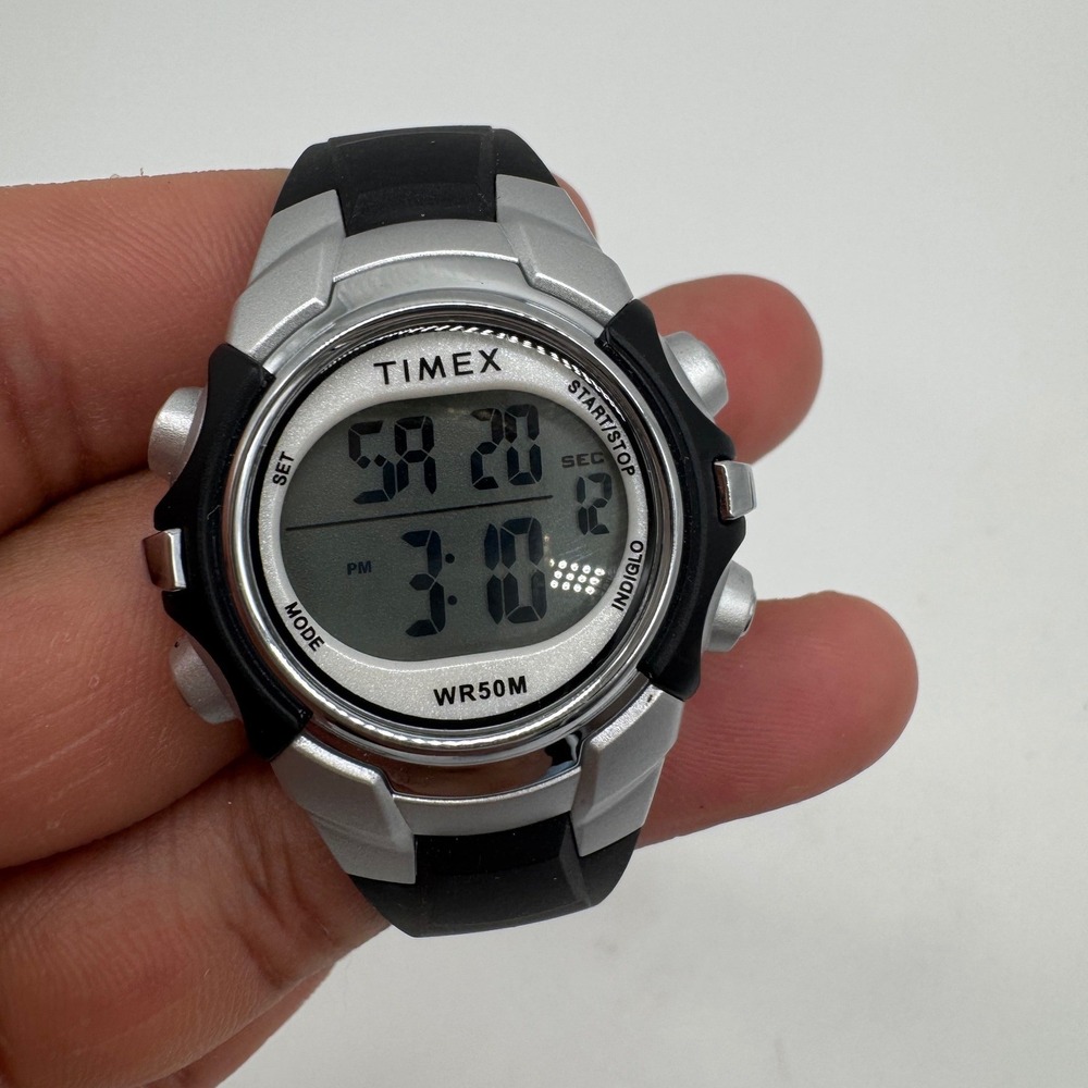 Timex Digital Sports Watch Silver Black Resin Strap Indiglo WR50M TW5M61300